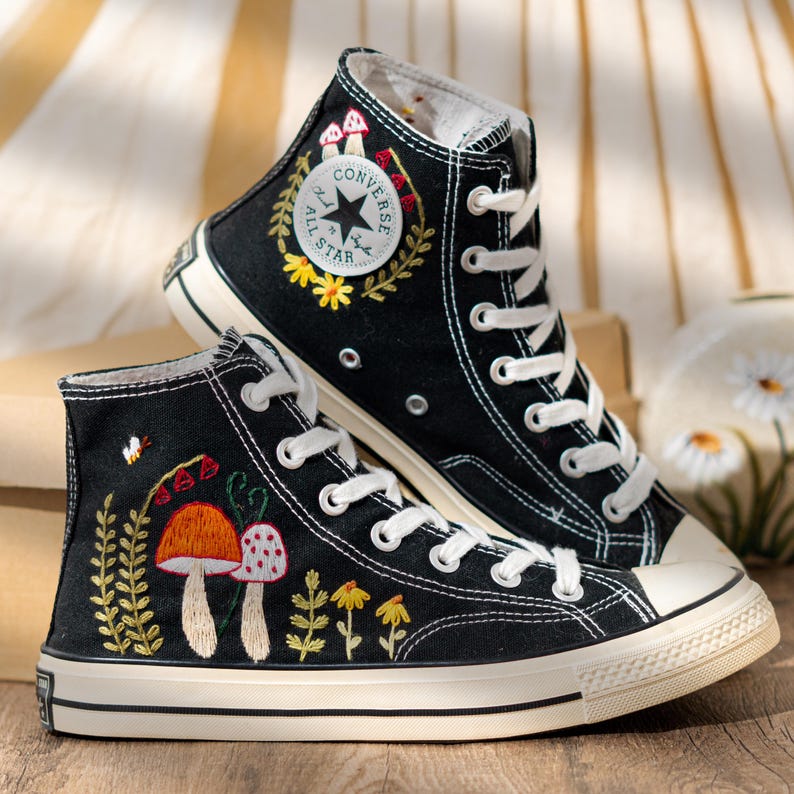 Customized Converse Shoes Embroidery Mushroom, Black High Top Sneakers Embroidered Floral Design, Vintage Embroidery Converse, Handmade Gift