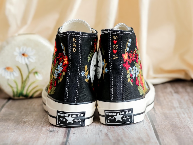 Embroidered Converse, Converse Embroidery Flower, Garden Wildflower Embroidered Converse Shoes, Flower Embroidered Sneakers, Handmade Gift