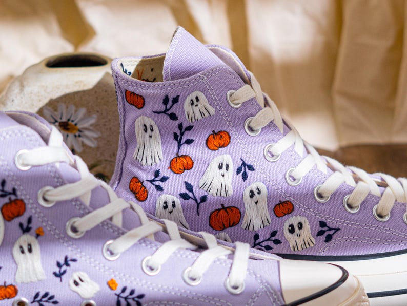 Custom Halloween Embroidered Converse High Top, Purple Converse Embroidery With Ghost & Pumpkin, Unique Embroidered Sneakers, Halloween Gift