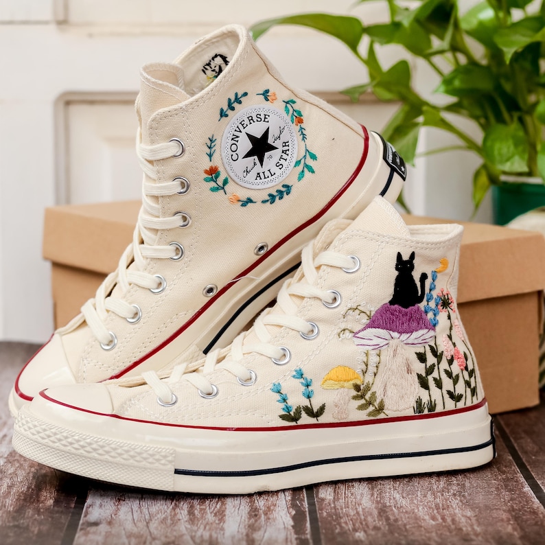 Mushroom and Black Cat Embroidered Converse, Custom Halloween Embroidered Sneakers,Pet Embroidered Shoes, Hand Embroidered Gift for Her