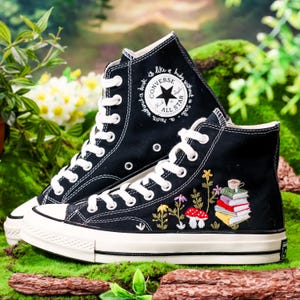 Custom Converse Embroidered Book, Mushrooms, Flowers Embroidery Shoes, Flower Garden, Book Embroidered Converse, Unique Graduation Gift