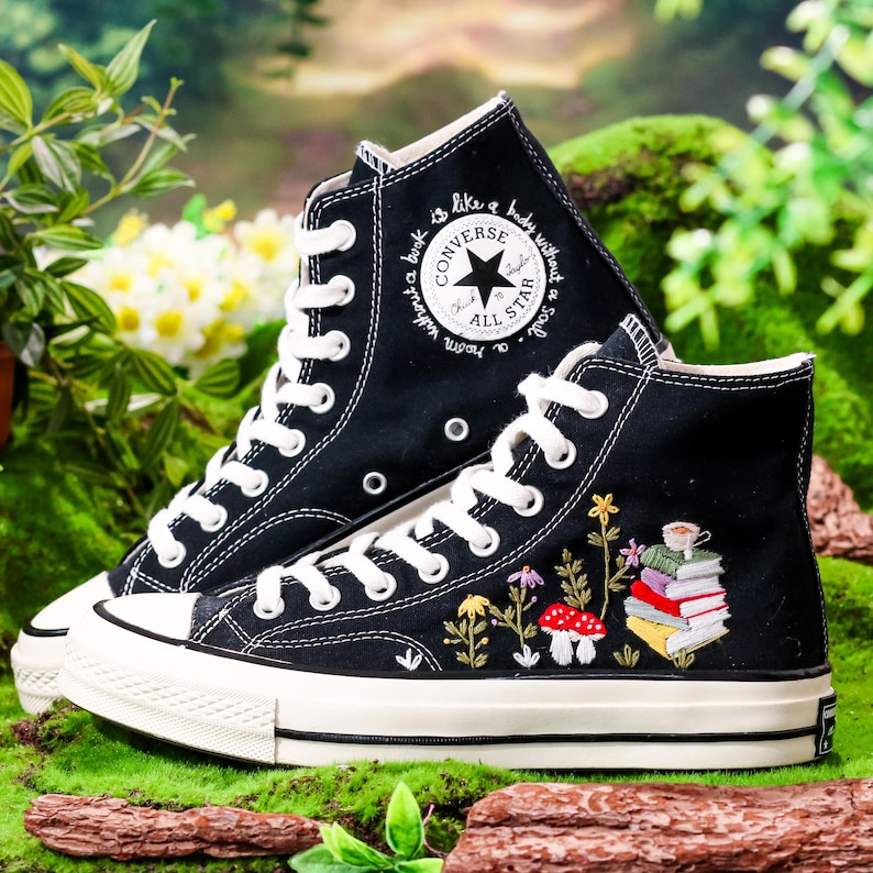 Custom Converse Embroidered Book, Mushrooms, Flowers Embroidery Shoes, Flower Garden, Book Embroidered Converse, Unique Graduation Gift