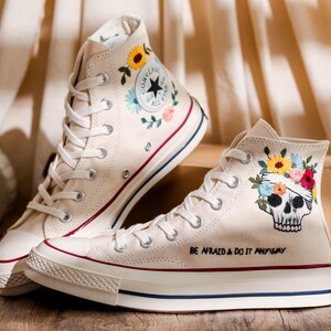 Custom Embroidered Converse High Tops, Custom Shoes Taylor 1970s Flower, Skull Embroidered, Skull Embroidery Converse, Unique Gifts For Her