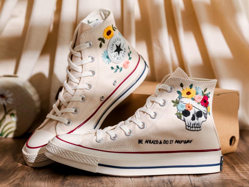 Custom Embroidered Converse High Tops, Custom Shoes Taylor 1970s Flower, Skull Embroidered, Skull Embroidery Converse, Unique Gifts For Her