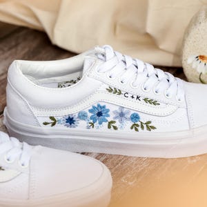 Bridal Flowers Embroidered Vans Wedding for Bride, Custom Vans Embroidery Floral Blue Embroidered Vans Slip On, Wedding Sneake, Gift For Her