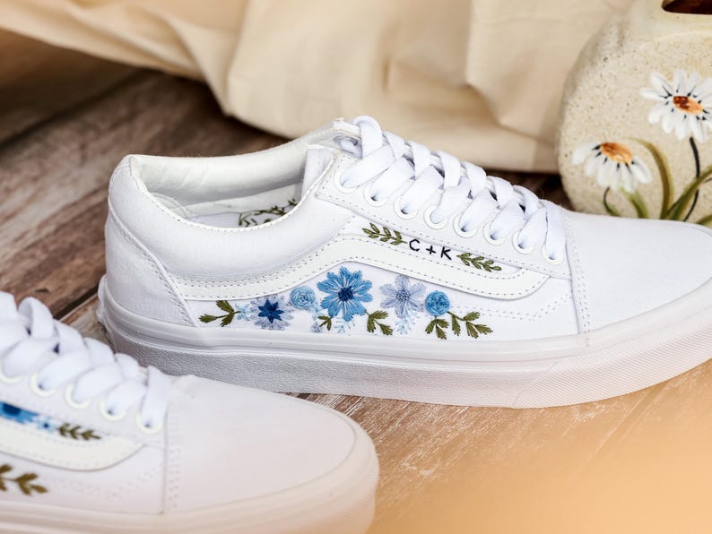 Bridal Flowers Embroidered Vans Wedding for Bride, Custom Vans Embroidery Floral Blue Embroidered Vans Slip On, Wedding Sneake, Gift For Her