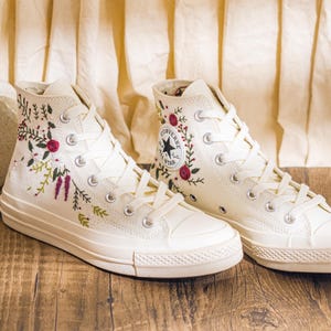 Custom Embroidered Converse Chuck Taylor High Top Womens, Converse Embroidery Floral & Leaf, Sneakers Embroidered Romantic Style, Bride Gift