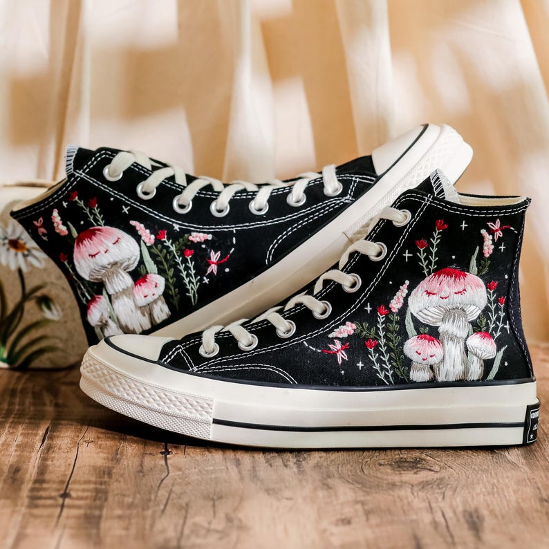Custom Embroidered Converse Shoes, Mushroom Embroidery Converse High Tops, Custom Converse Shoes for Mushroom Lovers,  Unique gifts