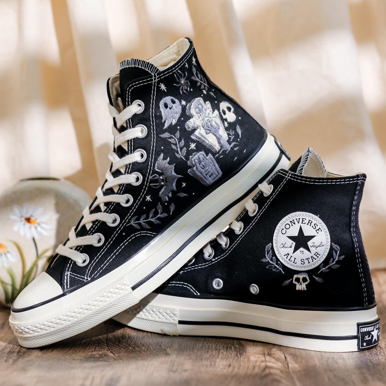 Embroidered Converse, Ghost Embroidered Converse Shoes Custom , Black Converse Embroidery Skull and Bat, Ghost Embroidered Sneakers for Men