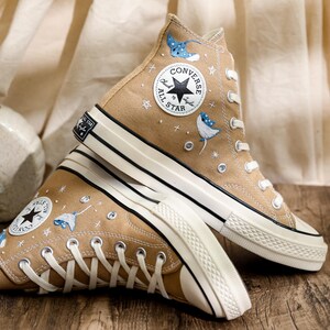 Custom Ray Embroidered Converse Shoes, Ray and Jellyfish Embroidered Sneaker, Respect The Locals Converse Surfing Shoes, Gift for Sea Lover