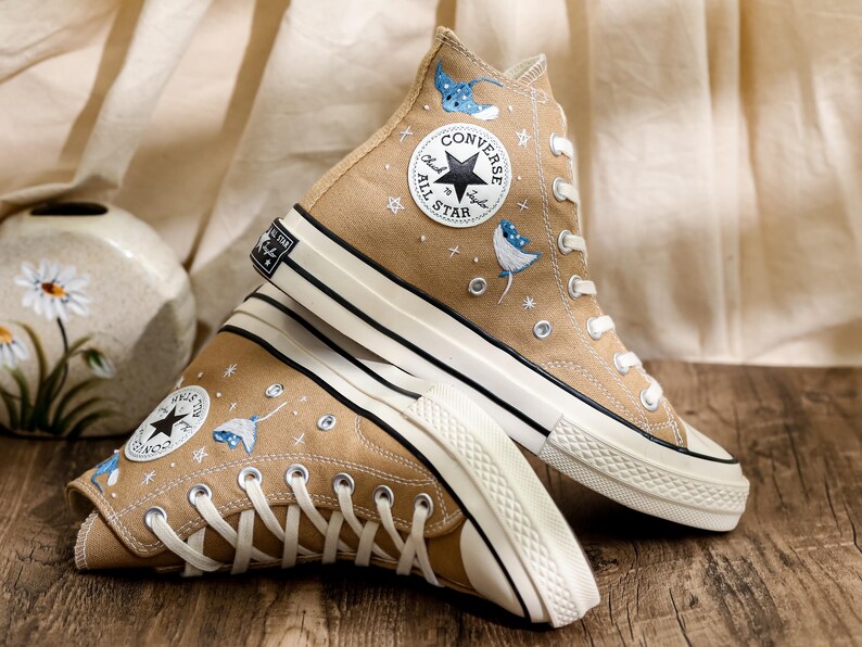 Custom Ray Embroidered Converse Shoes, Ray and Jellyfish Embroidered Sneaker, Respect The Locals Converse Surfing Shoes, Gift for Sea Lover