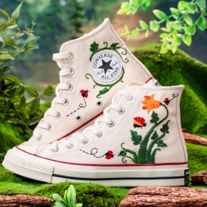 Custom Converse Embroidery, Trumpet Creeper Flower Embroidered Converse, Trumpet Vine and Ladybug Embroidered Shoes Custom , Gift for Her