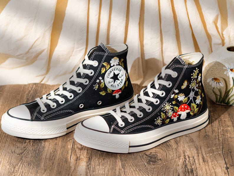 Unique Woodland Design Embroidered Converse, Custom Embroidered Sneakers High Top, Mushroom & Floral Embroidery Converse, Nature Lover Gift