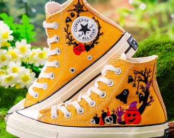Halloween Embroidered Converse Custom, Pumpkin, Ghost Embroidered