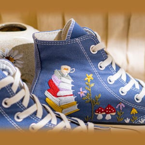 Custom Embroidered Converse Chuck 70 High Top, Denim Blue Converse Embroidery With Book And Mushroom, Hand Embroidered Sneakers, Unique Gift