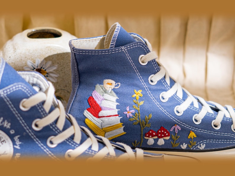 Custom Embroidered Converse Chuck 70 High Top, Denim Blue Converse Embroidery With Book And Mushroom, Hand Embroidered Sneakers, Unique Gift