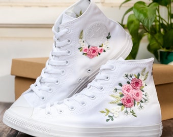 Wedding Sneaker for Bride, Custom Design Bridal Converse, Wedding Flower Embroidered Shoes, Bridal Flower Embroidered Converse, Wedding Gift