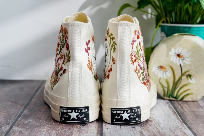 Wedding Converse for Bride, Colorful Flower Garden Embroidered Shoes, Boho Wedding Flower Embroidered Sneakers, Wedding Gift