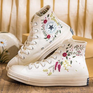 Custom Embroidered Converse Chuck Taylor High Top Womens, Converse Embroidery Floral & Leaf, Sneakers Embroidered Romantic Style, Bride Gift