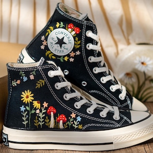 Vintage Embroidered Converse High Top, Handmade Floral & Mushroom Embroidery Converse Shoes, Custom Embroidered Sneakers Black, Fashion Gift