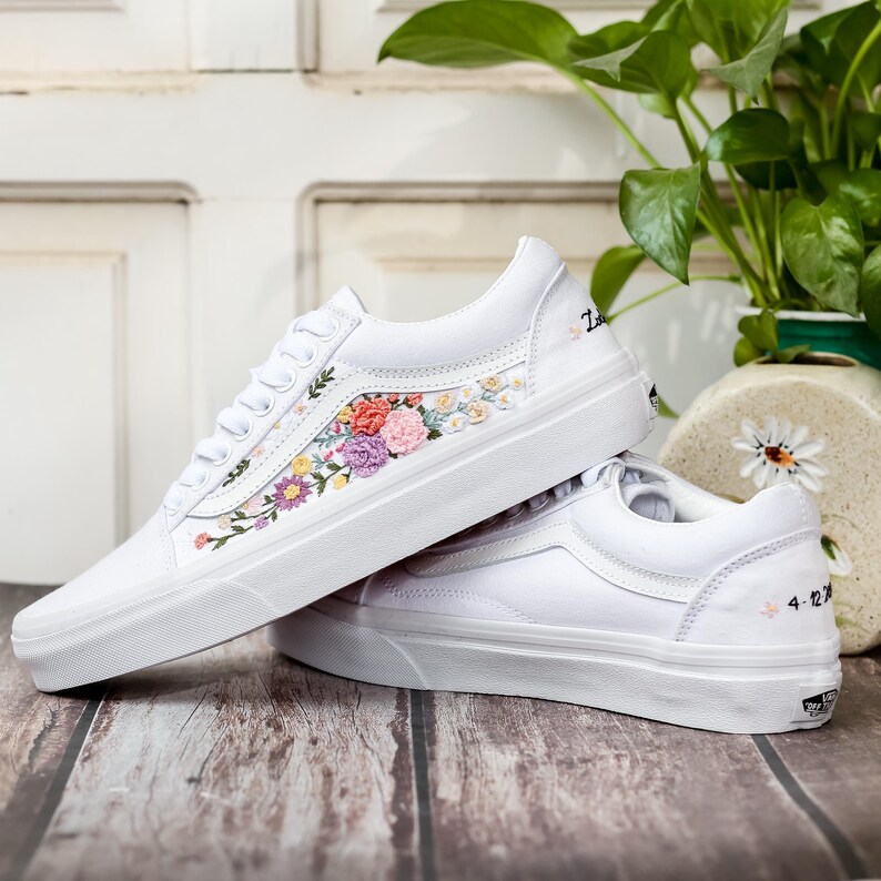 Bridal Flower Embroidered Vans, 3D Flowers Embroidered Vans for Bride, Wedding Flowers Embroidered Shoes, Sneakers Wedding Embroidery Floral