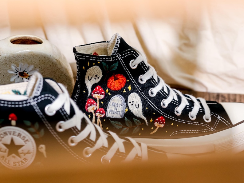 Custom Embroidery Converse, Ghost and Pumpkin Embroidered Sneaker, Ghost Embroidery Halloween Vibes Embroidered Shoes Custom, Halloween Gift
