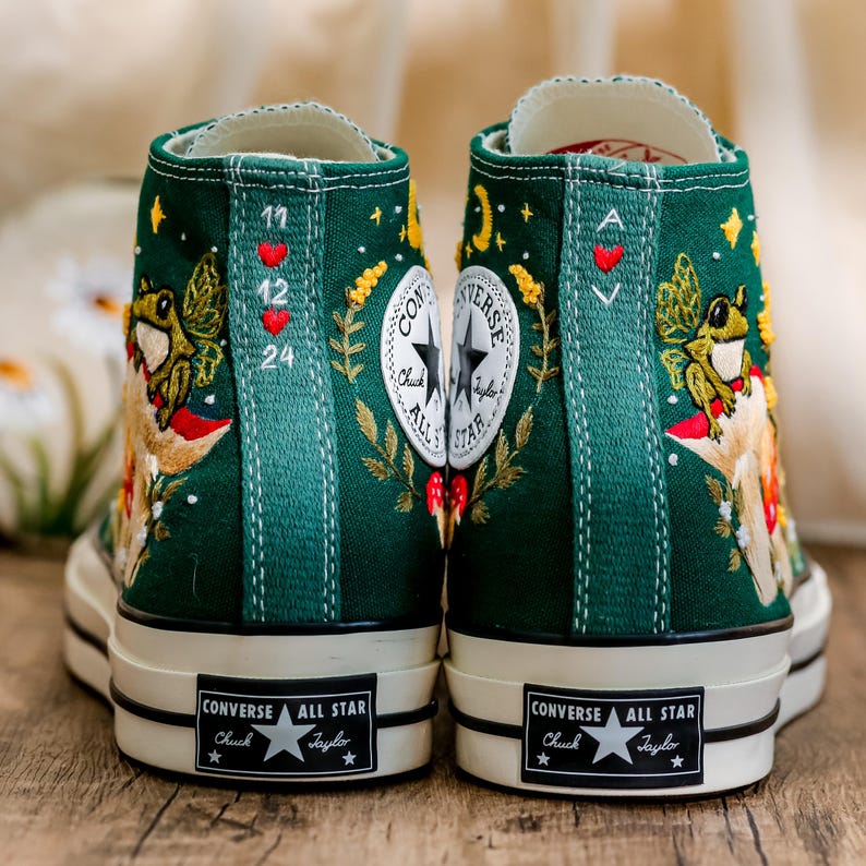 Mushrooms Converse, Fog and Mushrooms Embroidered Converse High Tops Custom, Mushroom Embroidered Sneakers, Flowers Embroidery Shoes Custom