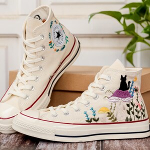Mushroom and Black Cat Embroidered Converse, Custom Halloween Embroidered Sneakers,Pet Embroidered Shoes, Hand Embroidered Gift for Her