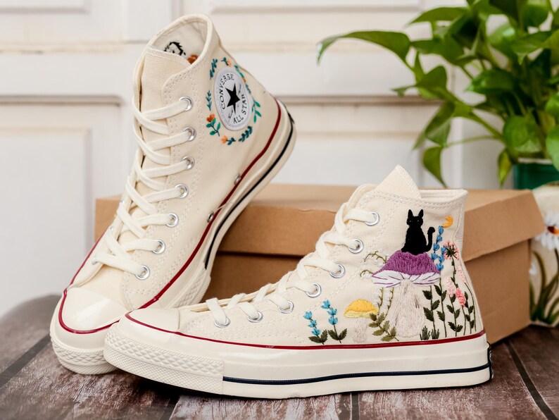 Mushroom and Black Cat Embroidered Converse, Custom Halloween Embroidered Sneakers,Pet Embroidered Shoes, Hand Embroidered Gift for Her