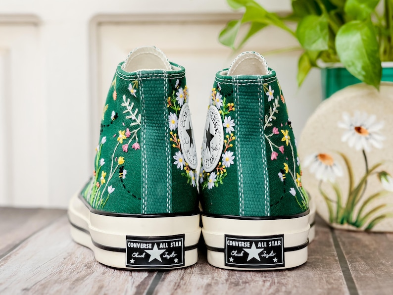 Wildflower Embroidered Converse, Small Flowers and Bees Embroidered Shoes, Custom Floral Embroidered Sneakers, Unique Gift for Nature Lover