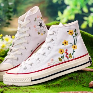 Embroidered Wedding Converse, Bridal Flowers Embroidered Sneakers for Bride, Sunflower Embroidery Shoes for Bride, Wedding Gift for Couple