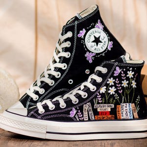 Music Lover Converse,Book and Flower, 1989 Embroidered Sneaker, Flower Embroidery Shoes, Handmade Gifts