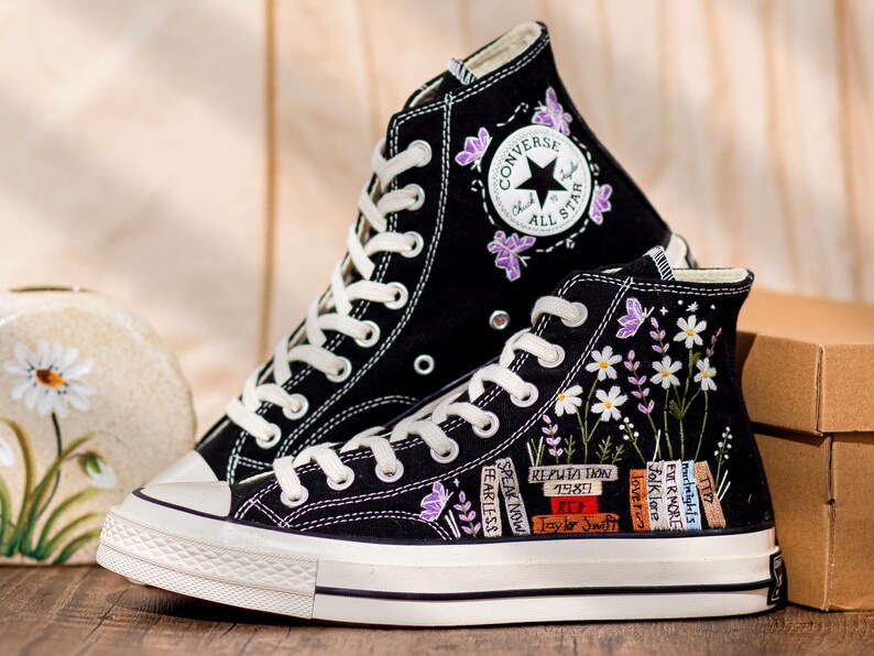 Music Lover Converse,Book and Flower, 1989 Embroidered Sneaker, Flower Embroidery Shoes, Handmade Gifts