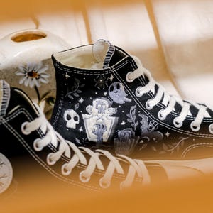 Embroidered Converse, Ghost Embroidered Converse Shoes Custom , Black Converse Embroidery Skull and Bat, Ghost Embroidered Sneakers for Men