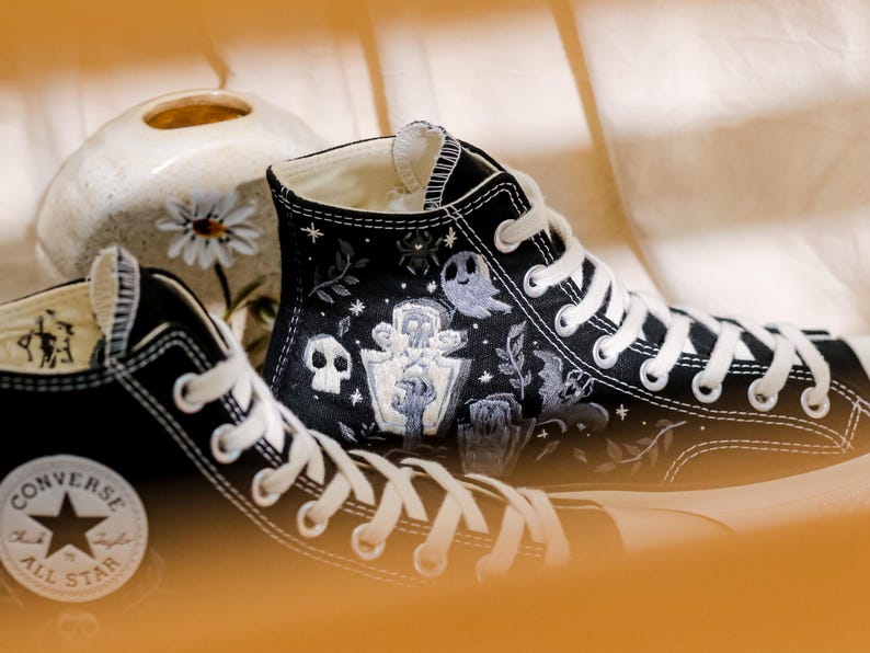 Embroidered Converse, Ghost Embroidered Converse Shoes Custom , Black Converse Embroidery Skull and Bat, Ghost Embroidered Sneakers for Men