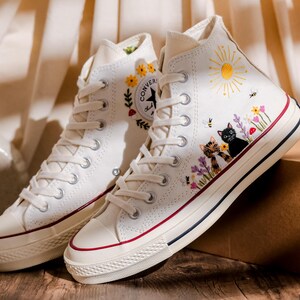 Custom Converse Chuck Taylor Embroidered Cat and Garden Flowers, Pet Embroidered Converse, Sun, Floral, Cat Embroidered Shoes Custom