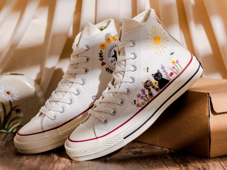 Custom Converse Chuck Taylor Embroidered Cat and Garden Flowers, Pet Embroidered Converse, Sun, Floral, Cat Embroidered Shoes Custom
