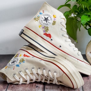 Embroidered Converse, Custom Converse Embroidered Flower and Mushroom Garden, Mushroom and Floral Embroidery Shoes for Women, Gift For Her
