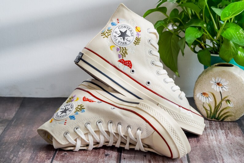 Embroidered Converse, Custom Converse Embroidered Flower and Mushroom Garden, Mushroom and Floral Embroidery Shoes for Women, Gift For Her