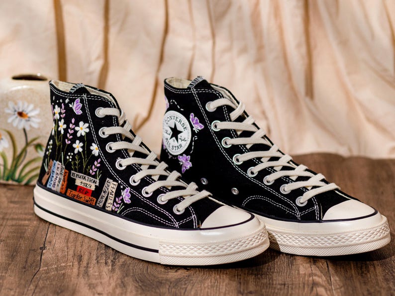 Music Lover Converse,Book and Flower, 1989 Embroidered Sneaker, Flower Embroidery Shoes, Handmade Gifts