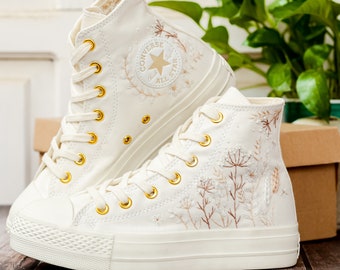 Converse personalizadas con plataforma, Converse blancas bordadas con flores para bodas, zapatos de novia bordados con flores, zapatillas bordadas con flores