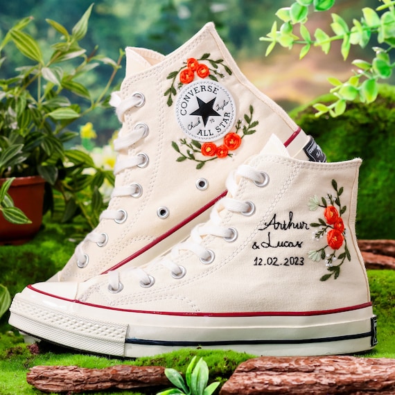 Weedding Converse for Bride Name and Anniversary Date Embroidered Shoes Custom Bridal Flower Embroidered Sneakers Wedding Gift Etsy Canada