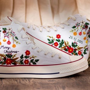 Christmas Embroidered Converse Shoes, Poinsettia Floral Design & Merry Christmas Embroidery Sneakers, Unique Holiday Gift Idea