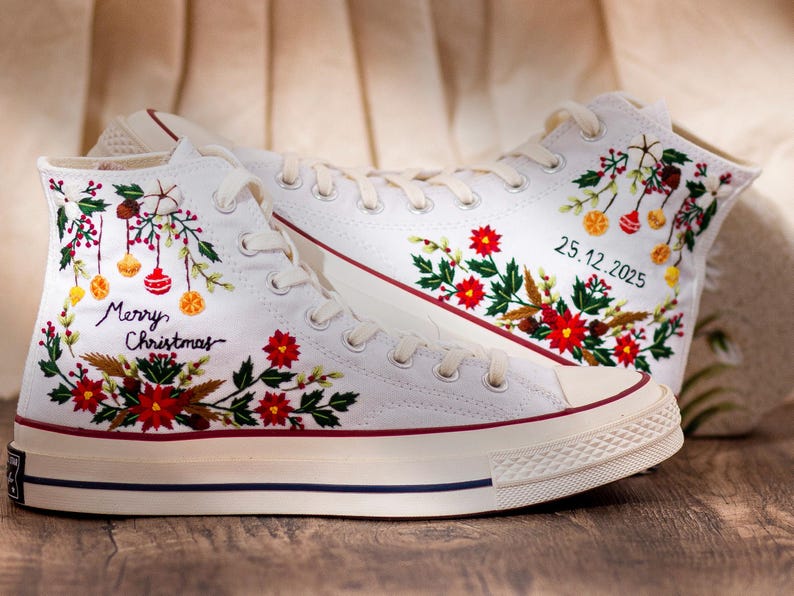 Christmas Embroidered Converse Shoes, Poinsettia Floral Design & Merry Christmas Embroidery Sneakers, Unique Holiday Gift Idea