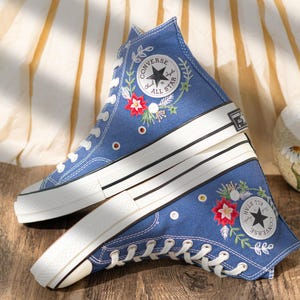 Custom Floral Embroidery Converse For Holiday, Poinsettia Embroidered Converse High Top, Custom Embroidered Sneakers Navy Blue, Women Gift