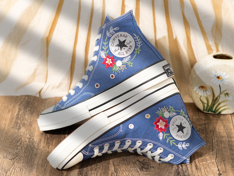 Custom Floral Embroidery Converse For Holiday, Poinsettia Embroidered Converse High Top, Custom Embroidered Sneakers Navy Blue, Women Gift