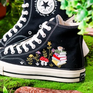 Custom Converse Embroidered Book, Mushrooms, Flowers Embroidery Shoes, Flower Garden, Book Embroidered Converse, Unique Graduation Gift