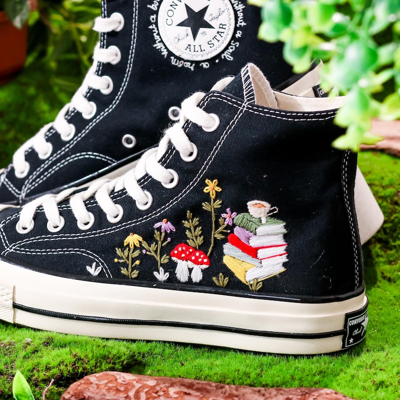 Custom Converse Embroidered Book, Mushrooms, Flowers Embroidery Shoes, Flower Garden, Book Embroidered Converse, Unique Graduation Gift