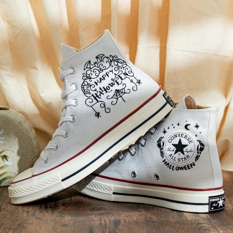 Custom Halloween Embroidered Converse Chuck Taylor High Tops, Converse Embroidery Dancing Skeletons & Spooky, Custom Sneaker, Halloween Gift