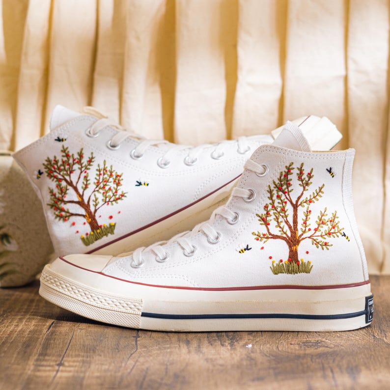 Custom Embroidered Converse Chuck Taylor High Top, Sneaker Embroidery Autumn Forest Tree Theme, Converse Shoes Embroidered Nature, Gift Idea